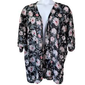 Dizzy Gal Floral Kimono Duster Sz 3X Black Sheer Chiffon Festival Fairygoth Boho